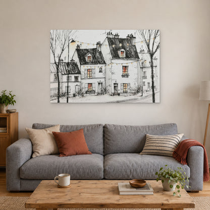 Paris Street Festoon Lights canvas wall art above a grey sofa with rust and striped cushions