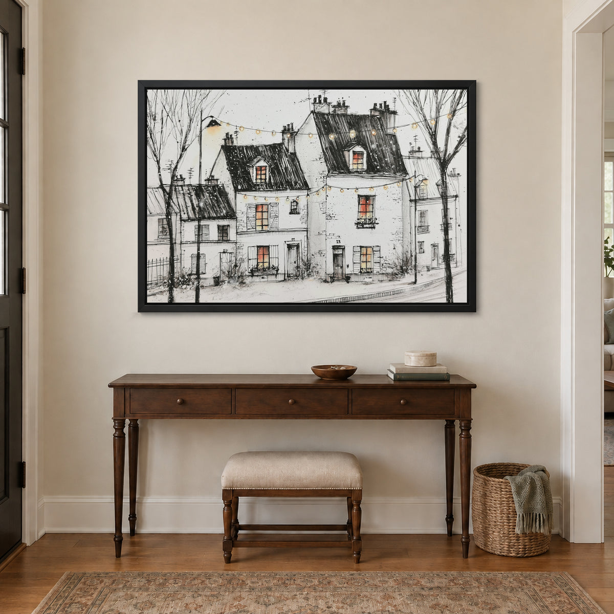 Paris Street Festoon Lights framed canvas in a black floating frame above a dark wood console table and upholstered bench