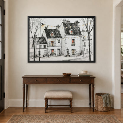 Paris Street Festoon Lights framed canvas in a black floating frame above a dark wood console table and upholstered bench