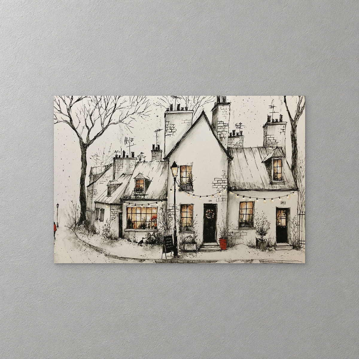 Snowy Paris cottages with lit windows, a wreath on the door and string lights sit between bare trees, with a street lamp and a chalkboard sign, drawn in black ink — canvas wall art print