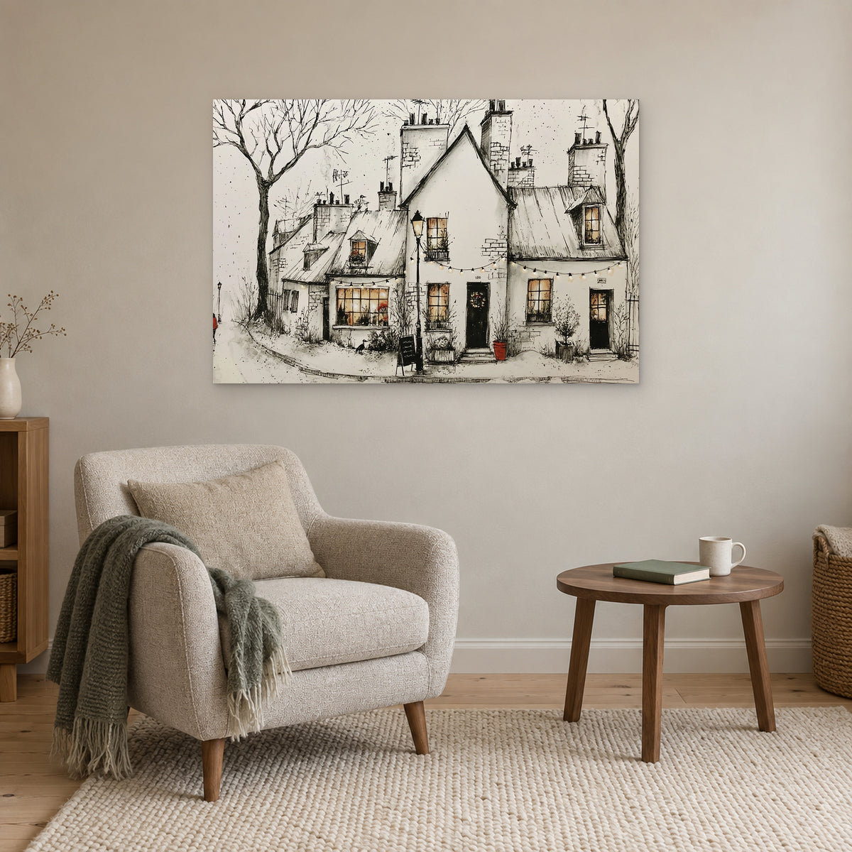 Paris Corner Cafe Snow canvas wall art above a cream armchair and round wooden side table