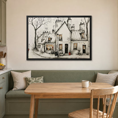 Paris Corner Cafe Snow framed canvas in a black floating frame above a green banquette and wooden table in a breakfast nook