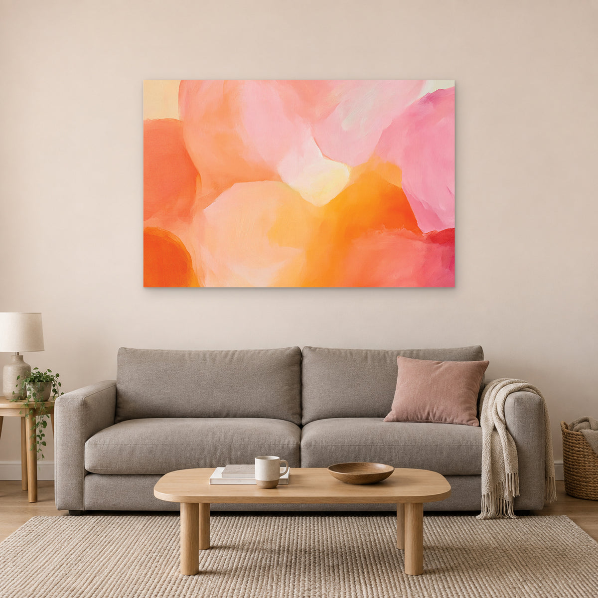 Soft Abstract Colour Forms canvas wall art above a taupe sofa on a blush wall