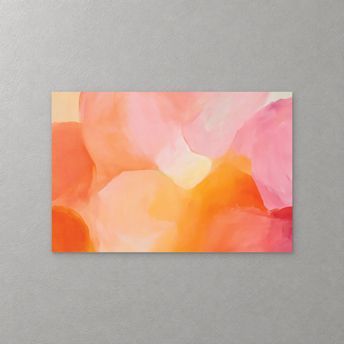 Soft rounded forms of coral, peach, pink and orange overlap and blur, with a pale yellow glow at the centre — canvas wall art print