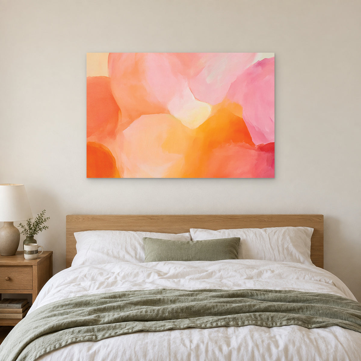Soft Abstract Colour Forms canvas wall art above a bed with white linens and a sage throw