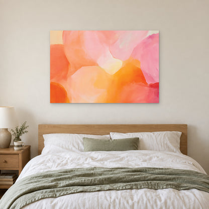 Soft Abstract Colour Forms canvas wall art above a bed with white linens and a sage throw