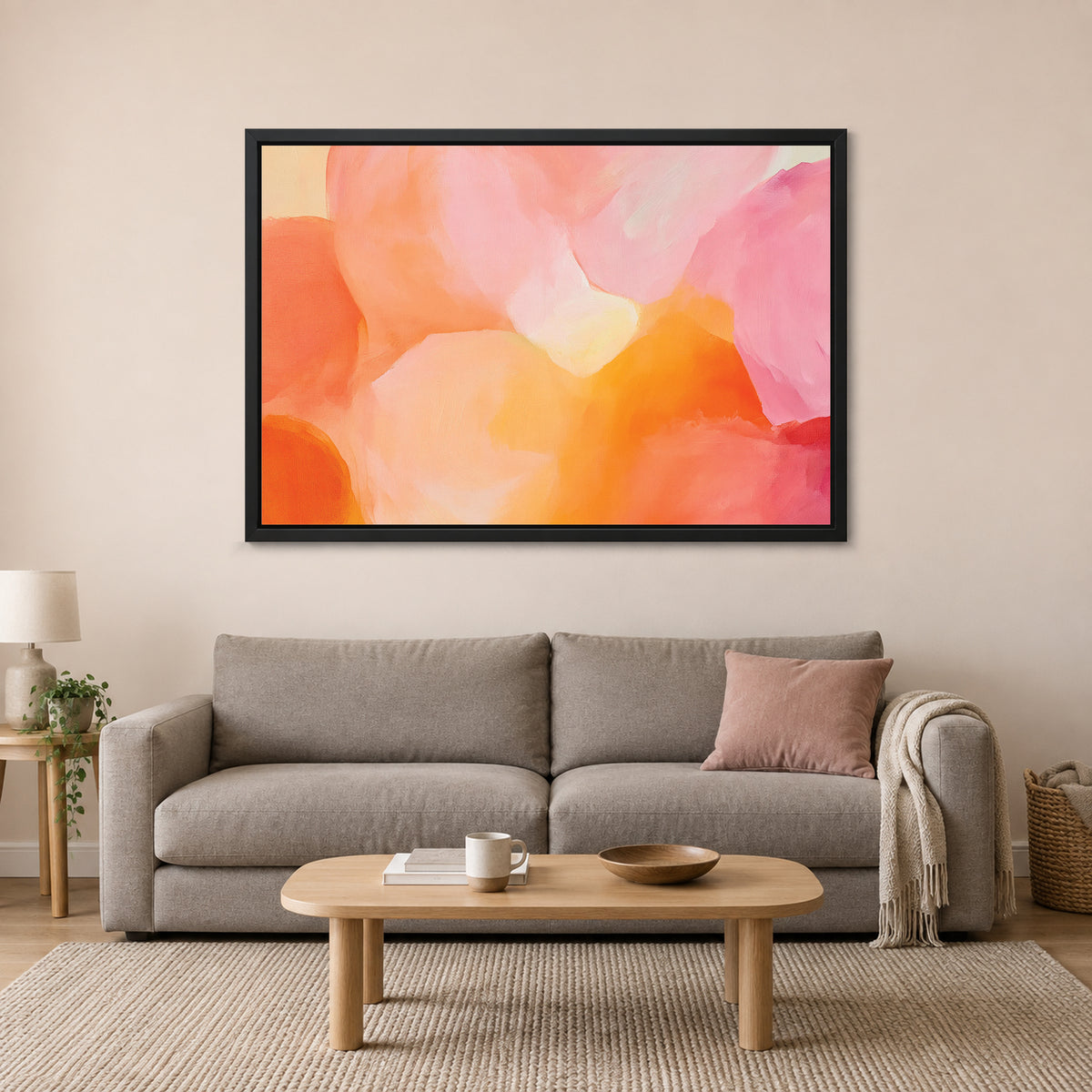 Soft Abstract Colour Forms framed canvas in a black floating frame above a taupe sofa on a blush wall