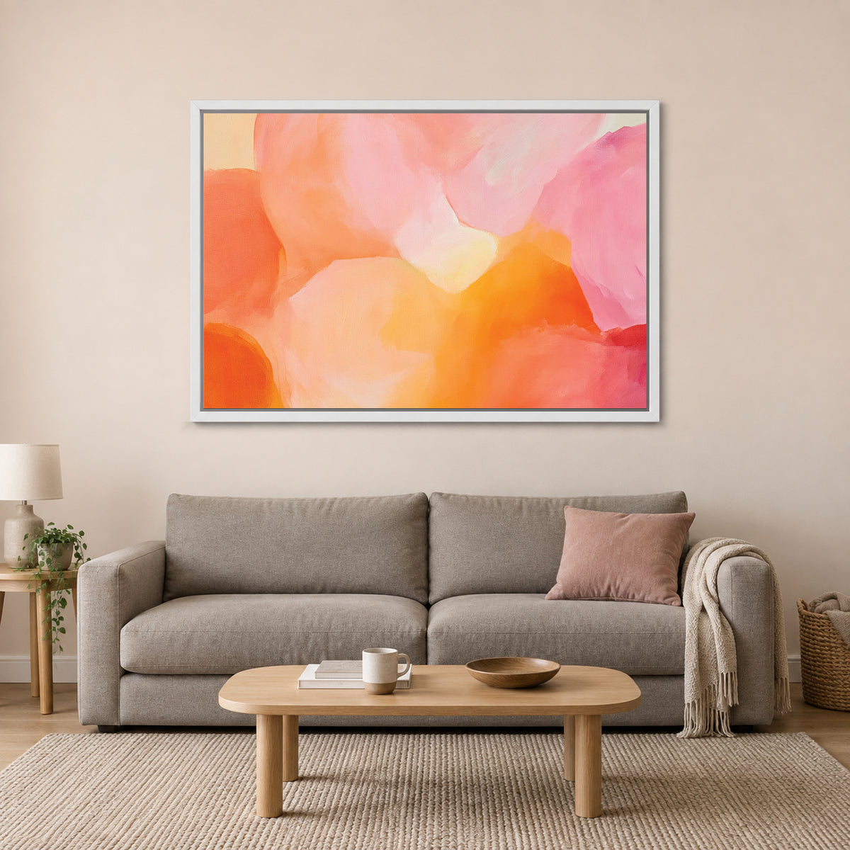 Soft Abstract Colour Forms framed canvas in a white floating frame above a taupe sofa on a blush wall