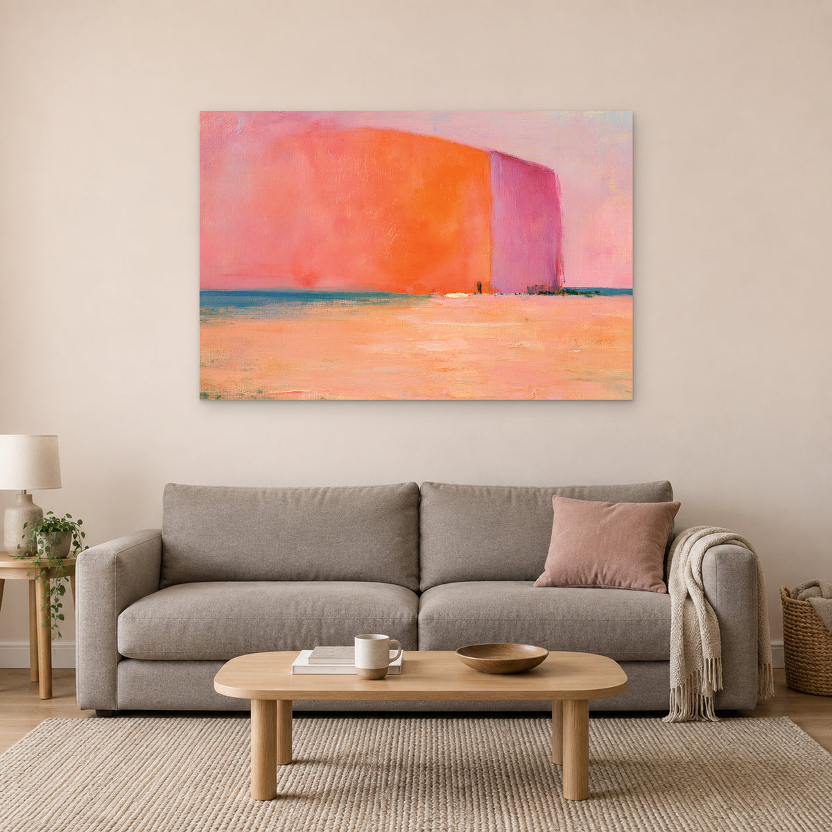 Minimalist Coral Block Horizon canvas wall art above a taupe sofa on a blush wall