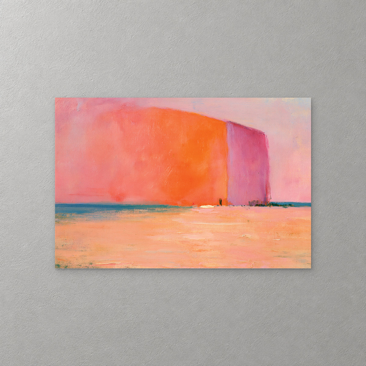 A tall block of orange and pink rises over a thin teal horizon above a wide peach foreground, in soft, flat colour — canvas wall art print