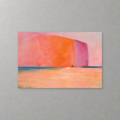 A tall block of orange and pink rises over a thin teal horizon above a wide peach foreground, in soft, flat colour — canvas wall art print