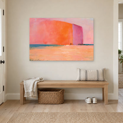 Minimalist Coral Block Horizon canvas wall art above a wooden entryway bench with a woven basket