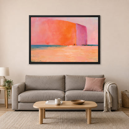 Minimalist Coral Block Horizon framed canvas in a black floating frame above a taupe sofa on a blush wall