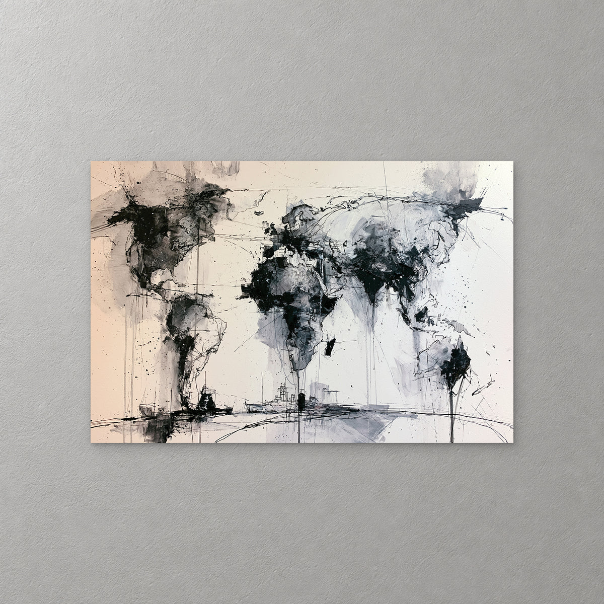 A world map in splashes of black and grey ink on a pale ground, with drips running down from the continents and faint ships along the bottom — canvas wall art print