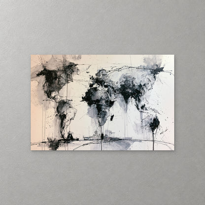 A world map in splashes of black and grey ink on a pale ground, with drips running down from the continents and faint ships along the bottom — canvas wall art print
