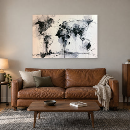World Map Ink Splatter canvas wall art above a cognac leather sofa with a wooden coffee table