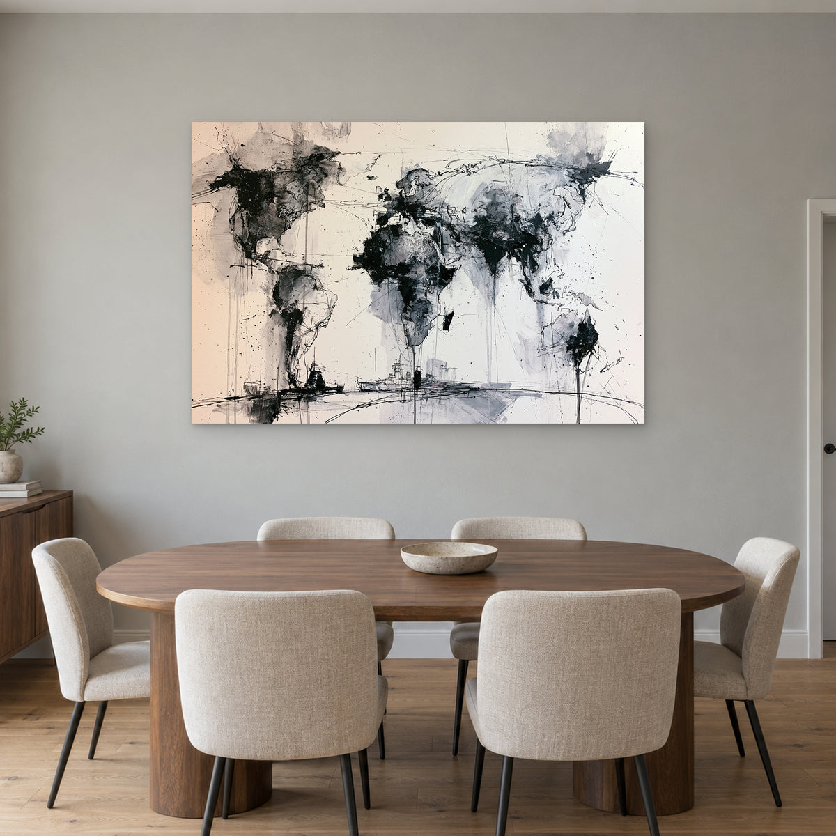 World Map Ink Splatter canvas wall art above an oval wooden dining table with cream upholstered chairs