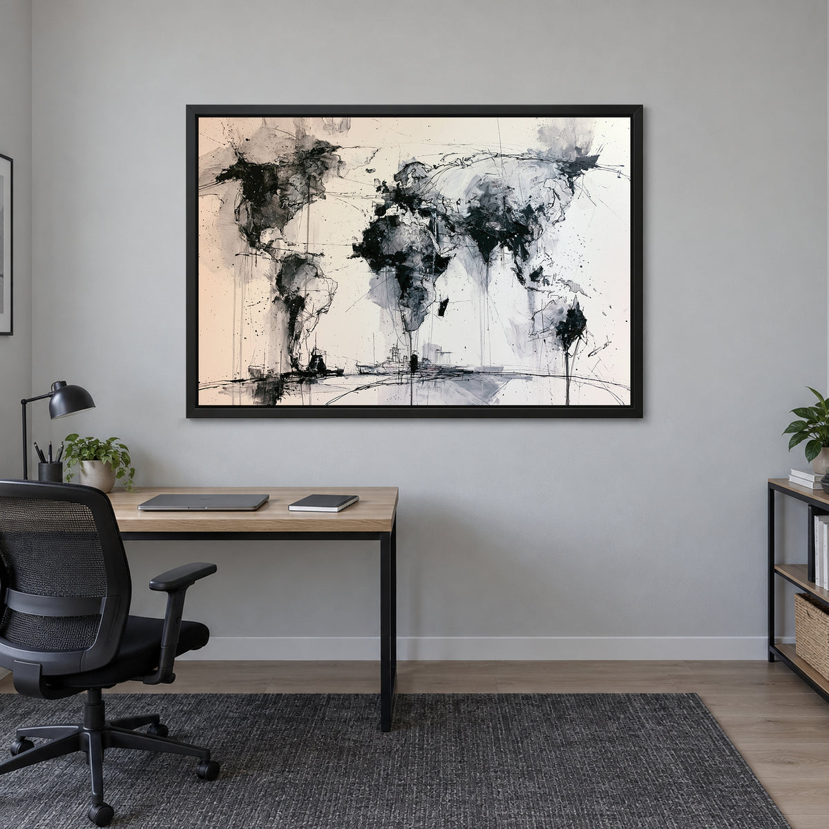 World Map Ink Splatter framed canvas in a black floating frame above a light wood desk with a black office chair in a home office