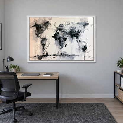 World Map Ink Splatter framed canvas in a white floating frame above a light wood desk with a black office chair in a home office