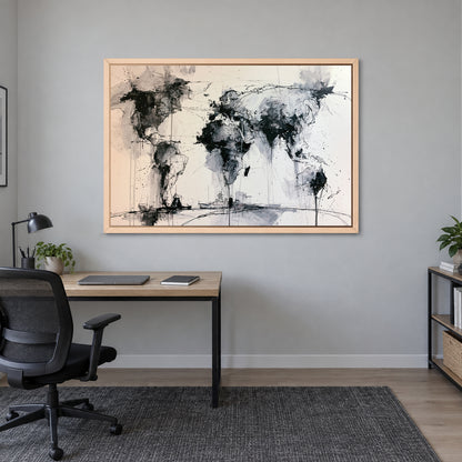 World Map Ink Splatter framed canvas in a natural wood floating frame above a light wood desk with a black office chair in a home office