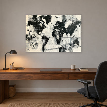 World Map City Skylines canvas wall art above a walnut desk with a brass lamp in a home office