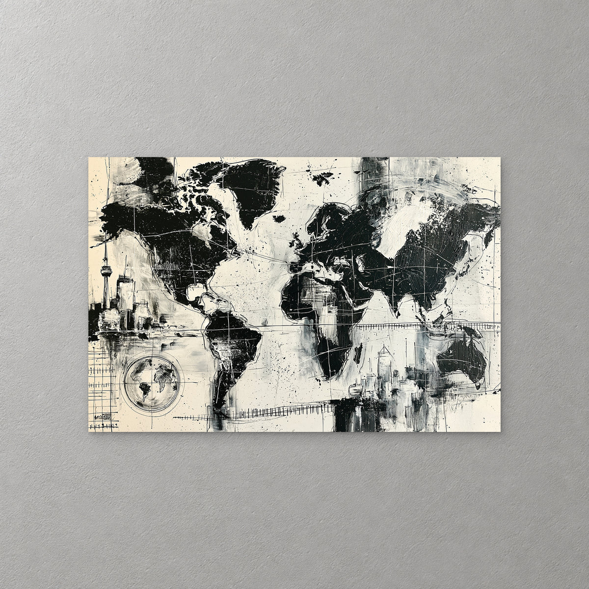 A black and cream world map with city skylines, a bridge and a small globe sketched in ink around the edges — canvas wall art print