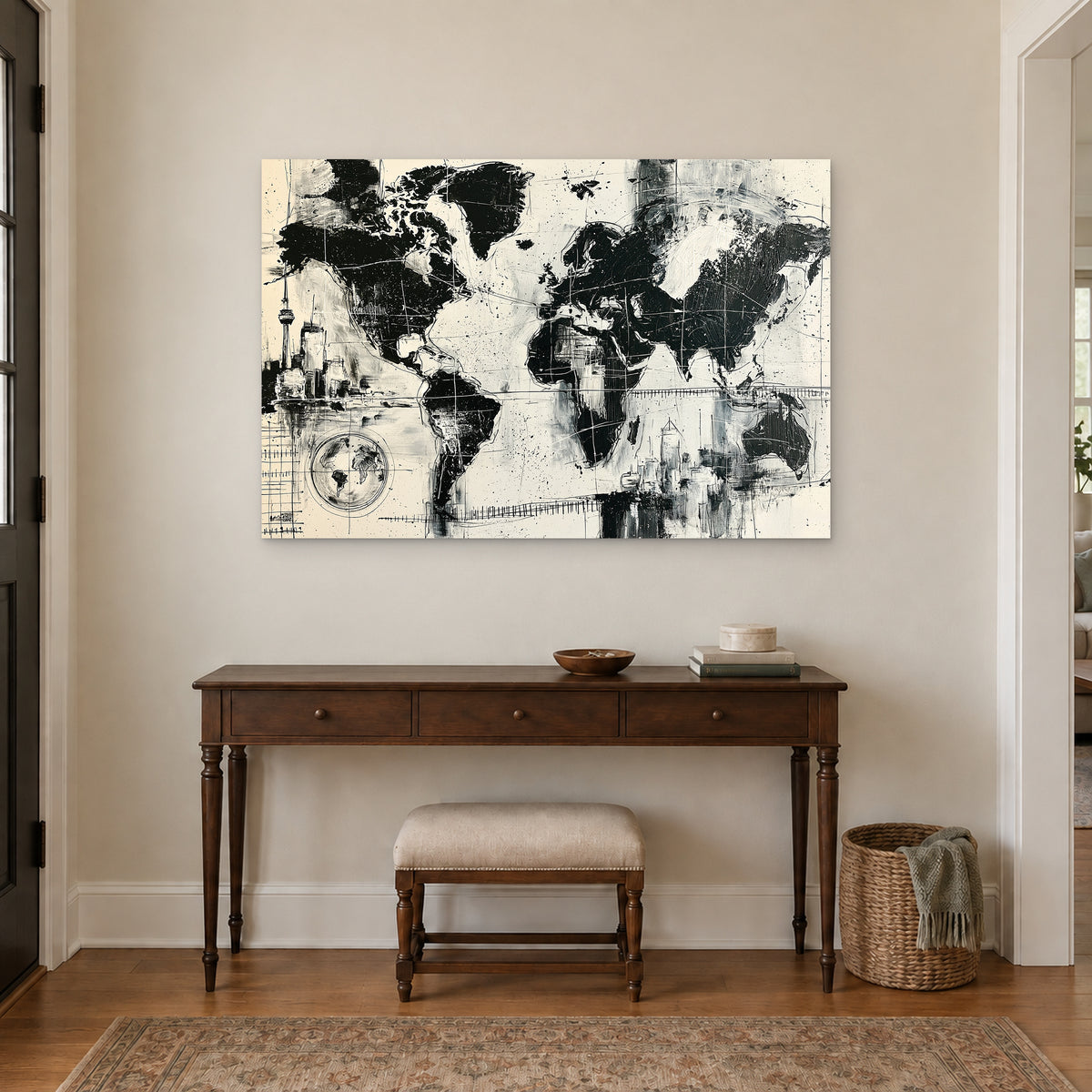 World Map City Skylines canvas wall art above a dark wood console table and upholstered bench in an entryway