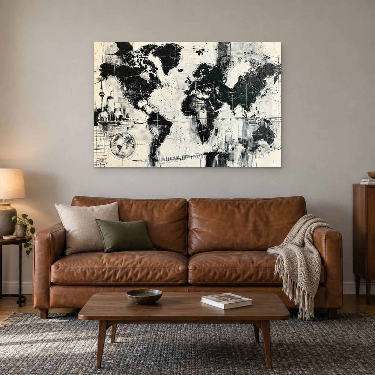 World Map City Skylines canvas wall art above a cognac leather sofa with a wooden coffee table