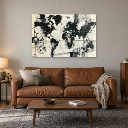 World Map City Skylines canvas wall art above a cognac leather sofa with a wooden coffee table