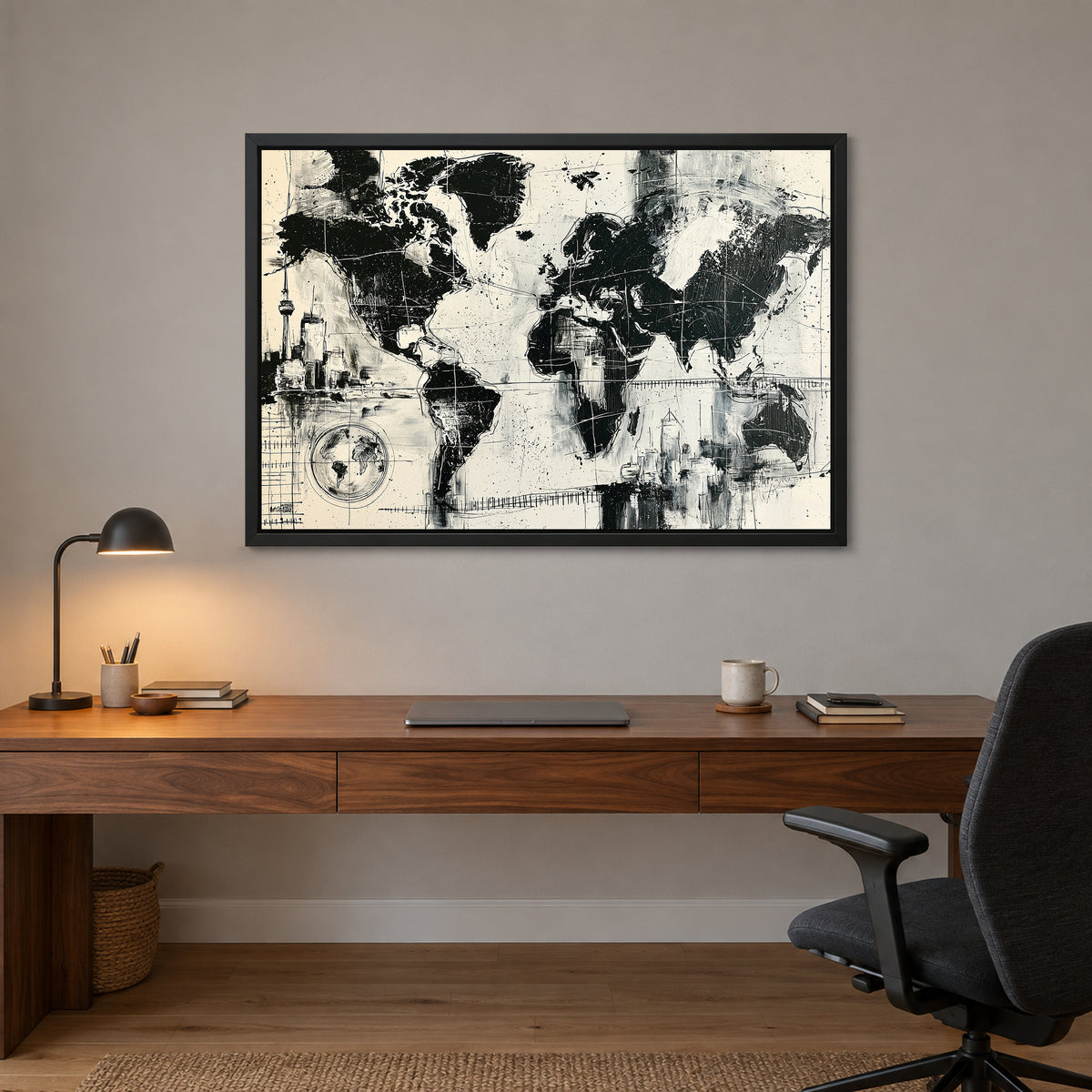 World Map City Skylines framed canvas in a black floating frame above a walnut desk with a brass lamp in a home office