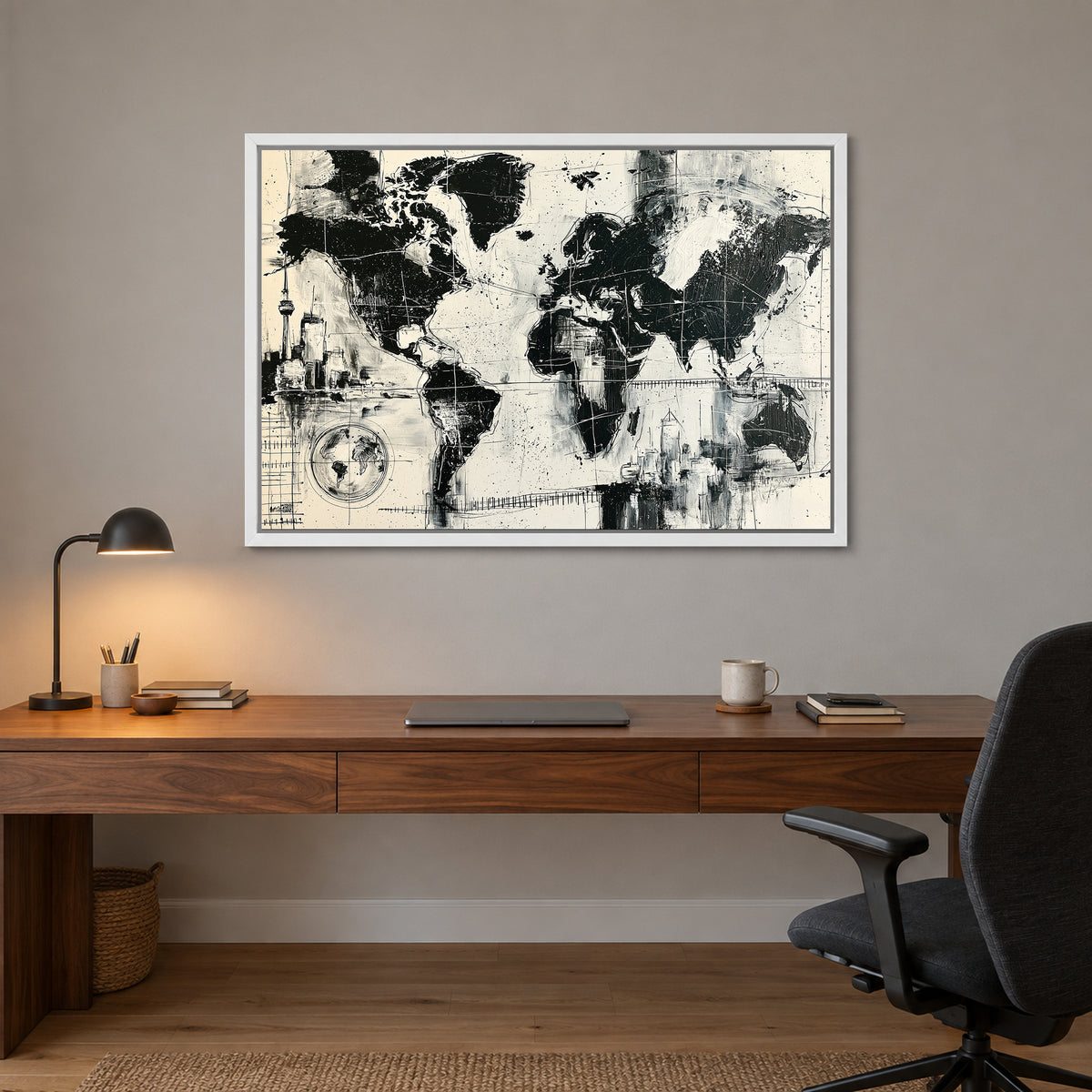 World Map City Skylines framed canvas in a white floating frame above a walnut desk with a brass lamp in a home office