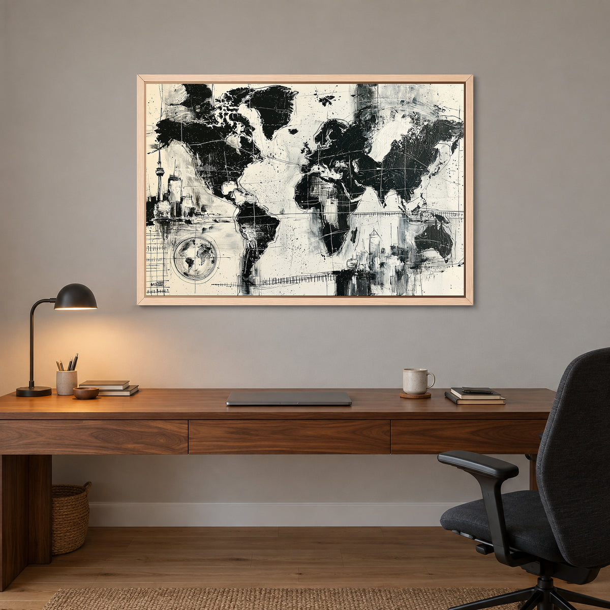World Map City Skylines framed canvas in a natural wood floating frame above a walnut desk with a brass lamp in a home office