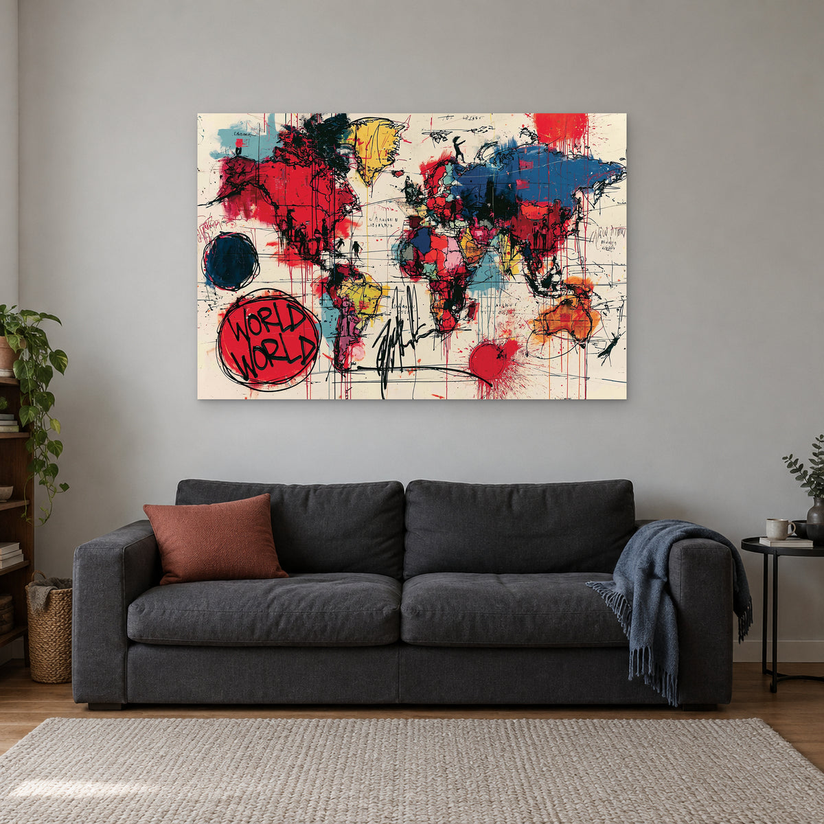 World Map Pop Art Colour canvas wall art above a charcoal sofa with a rust cushion