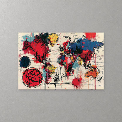 A world map in bold red, navy, yellow and orange with drips and scribbled ink, a red circle reading "World World" at the lower left — canvas wall art print