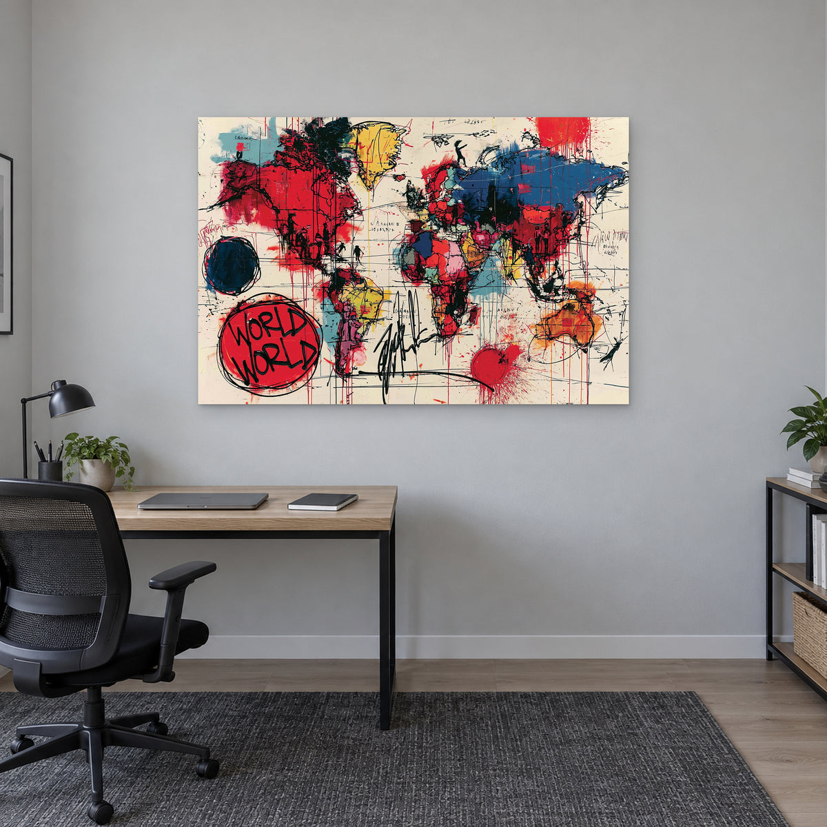 World Map Pop Art Colour canvas wall art above a light wood desk with a black office chair in a home office