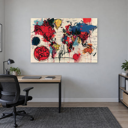 World Map Pop Art Colour canvas wall art above a light wood desk with a black office chair in a home office