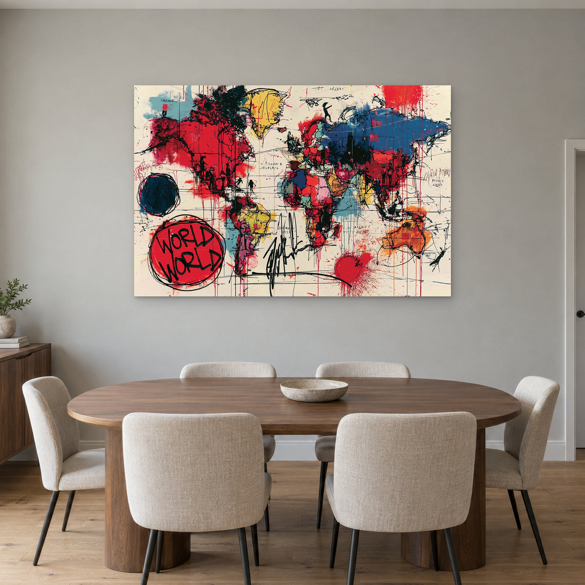 World Map Pop Art Colour canvas wall art above an oval wooden dining table with cream upholstered chairs