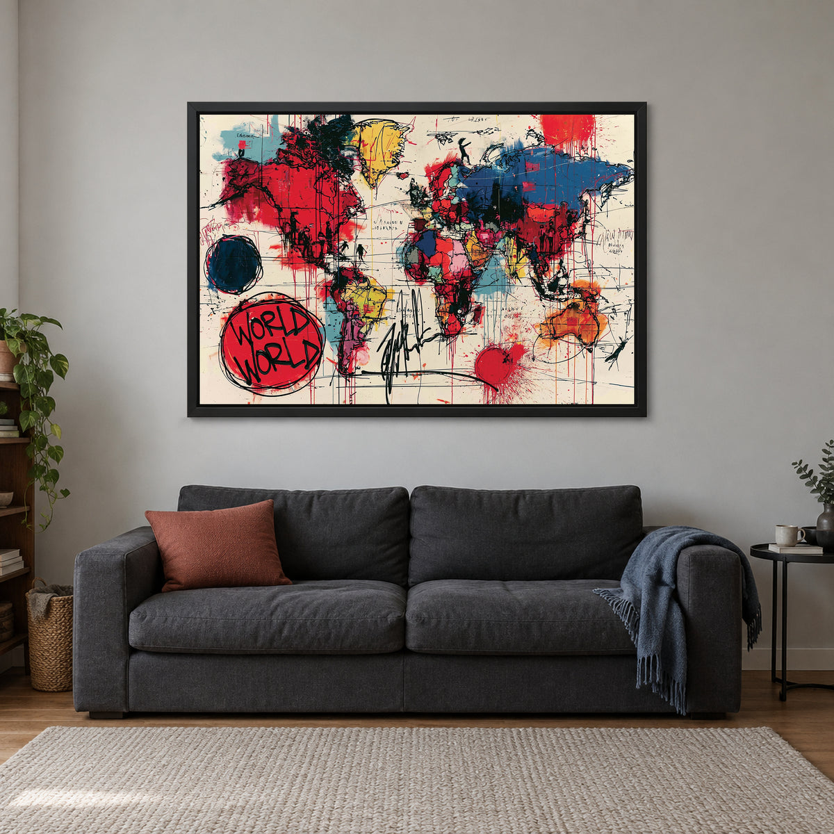 World Map Pop Art Colour framed canvas in a black floating frame above a charcoal sofa with a rust cushion