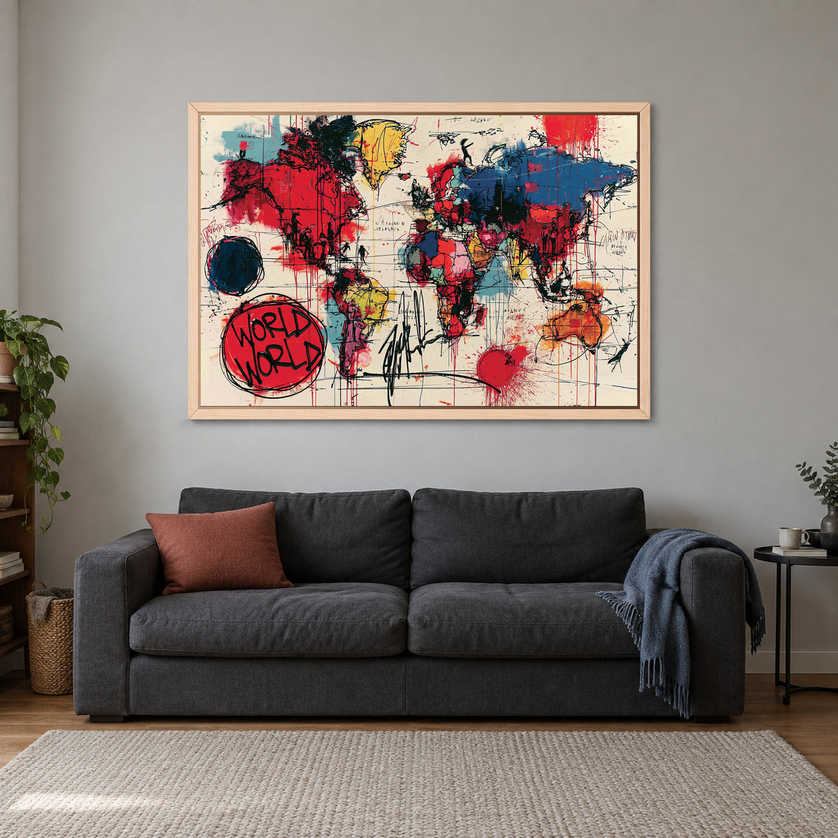 World Map Pop Art Colour framed canvas in a natural wood floating frame above a charcoal sofa with a rust cushion