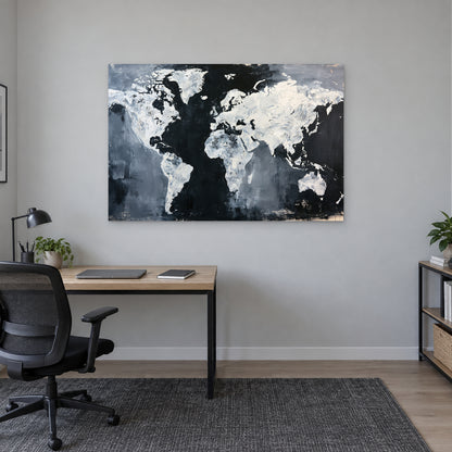 World Map Black and White canvas wall art above a light wood desk with a black office chair in a home office