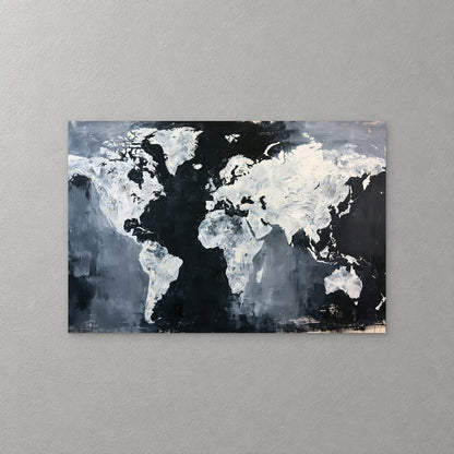 White continents stand out against a deep black and slate grey sea in this world map, with rough, heavy strokes — canvas wall art print