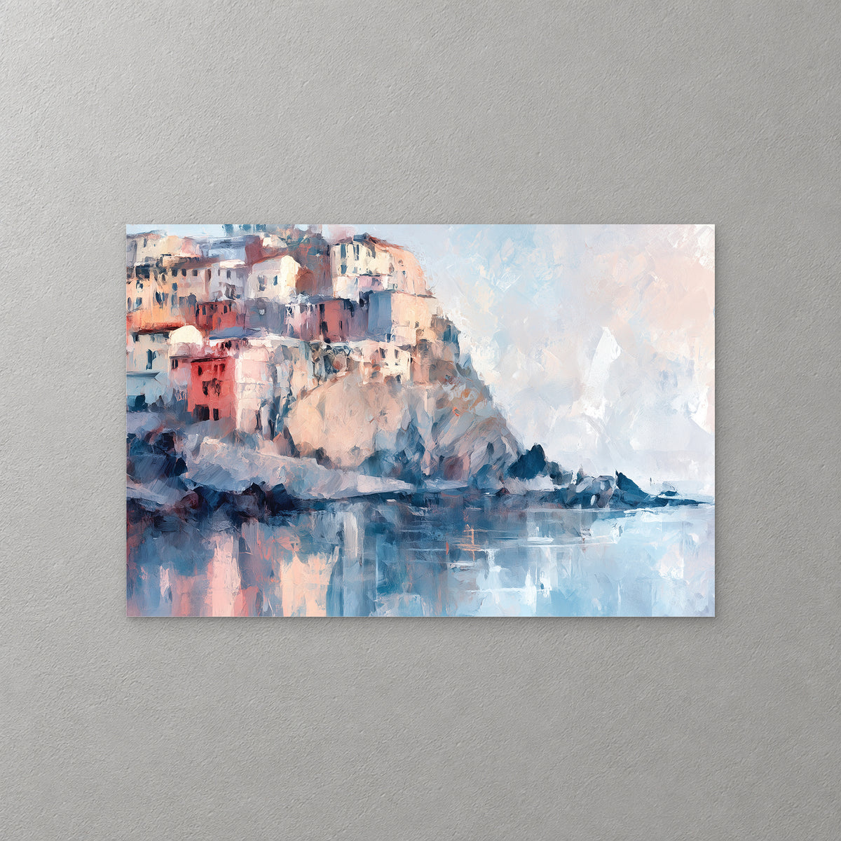 Pink, cream and coral houses crowd the top of a rocky Cinque Terre cliff, reflected in still pale blue water, in loose strokes of blush, slate and sky blue — canvas wall art print