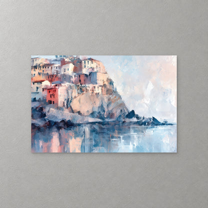 Pink, cream and coral houses crowd the top of a rocky Cinque Terre cliff, reflected in still pale blue water, in loose strokes of blush, slate and sky blue — canvas wall art print