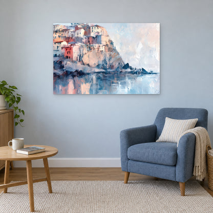 Cinque Terre Cliff Houses Coastal canvas wall art above a blue armchair and round wooden side table in a reading corner
