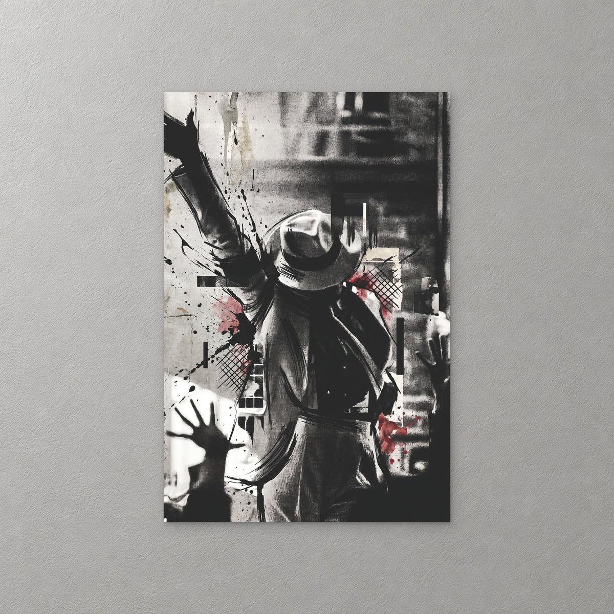 Michael Jackson in a fedora strikes his stage pose, one arm raised high, in black and grey with red splashes, ink drips and a reaching hand at the lower left — canvas wall art print