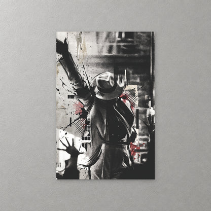 Michael Jackson in a fedora strikes his stage pose, one arm raised high, in black and grey with red splashes, ink drips and a reaching hand at the lower left — canvas wall art print
