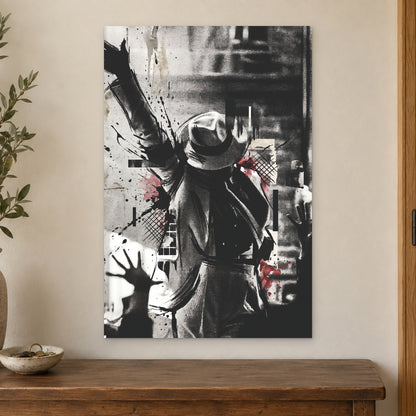 Michael Jackson Stage Pose canvas wall art on a cream wall above a wooden sideboard beside a door frame
