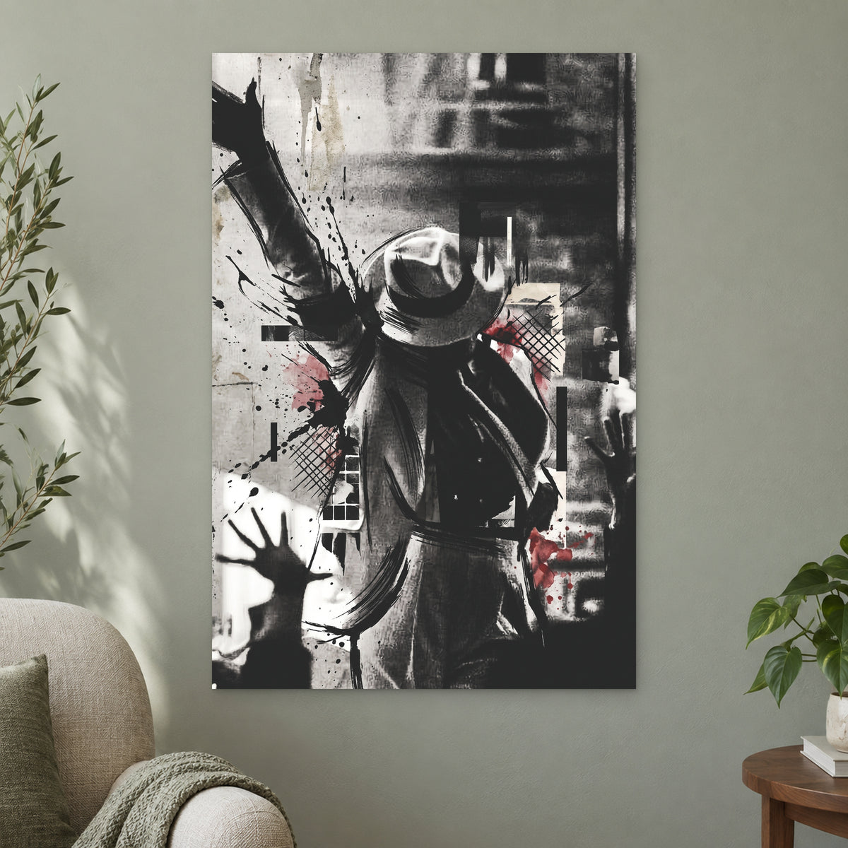 Michael Jackson Stage Pose canvas wall art on a sage green wall beside a cream armchair