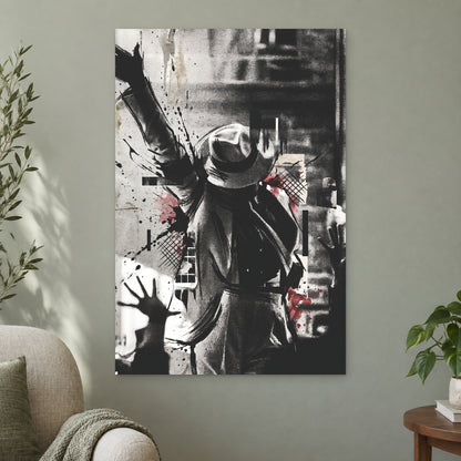 Michael Jackson Stage Pose canvas wall art on a sage green wall beside a cream armchair