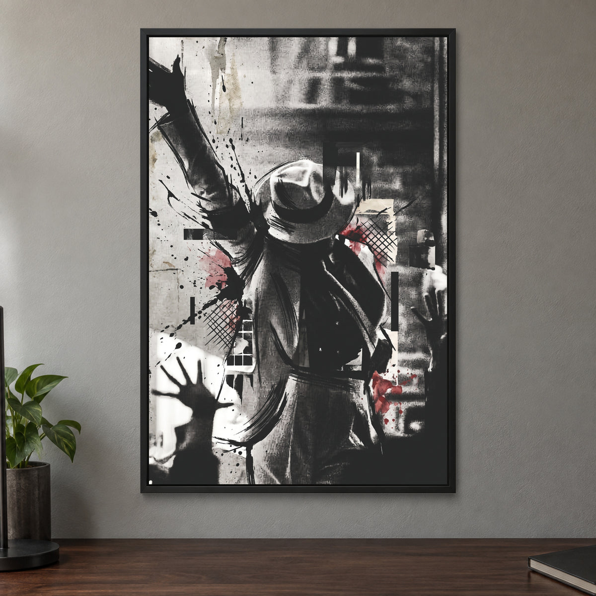 Michael Jackson Stage Pose framed canvas in a black floating frame on a taupe wall above a dark walnut sideboard with a potted plant